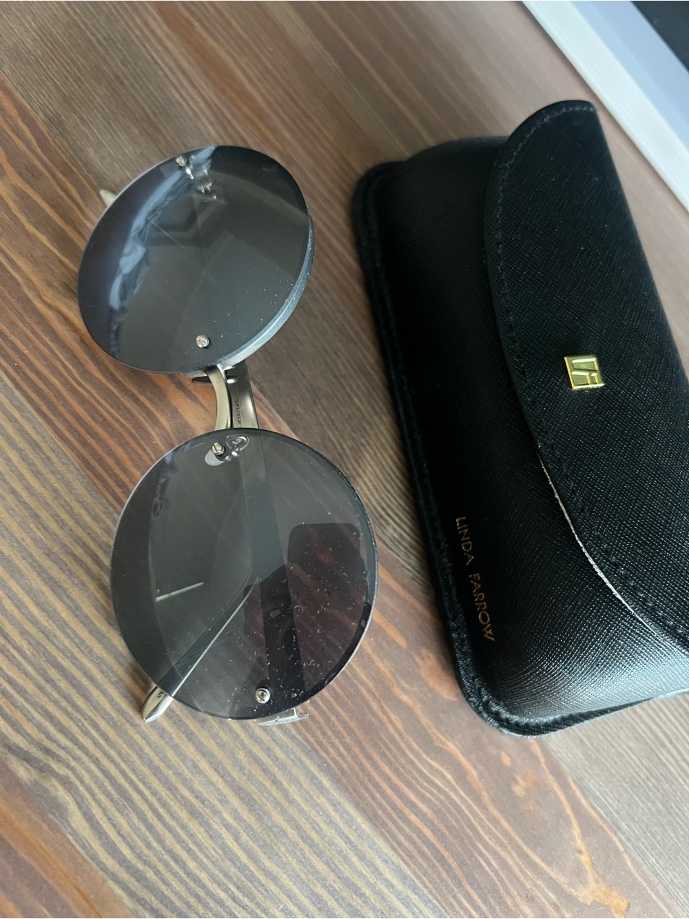Linda Farrow Black Round Rimless Sunglasses with Gold Accents